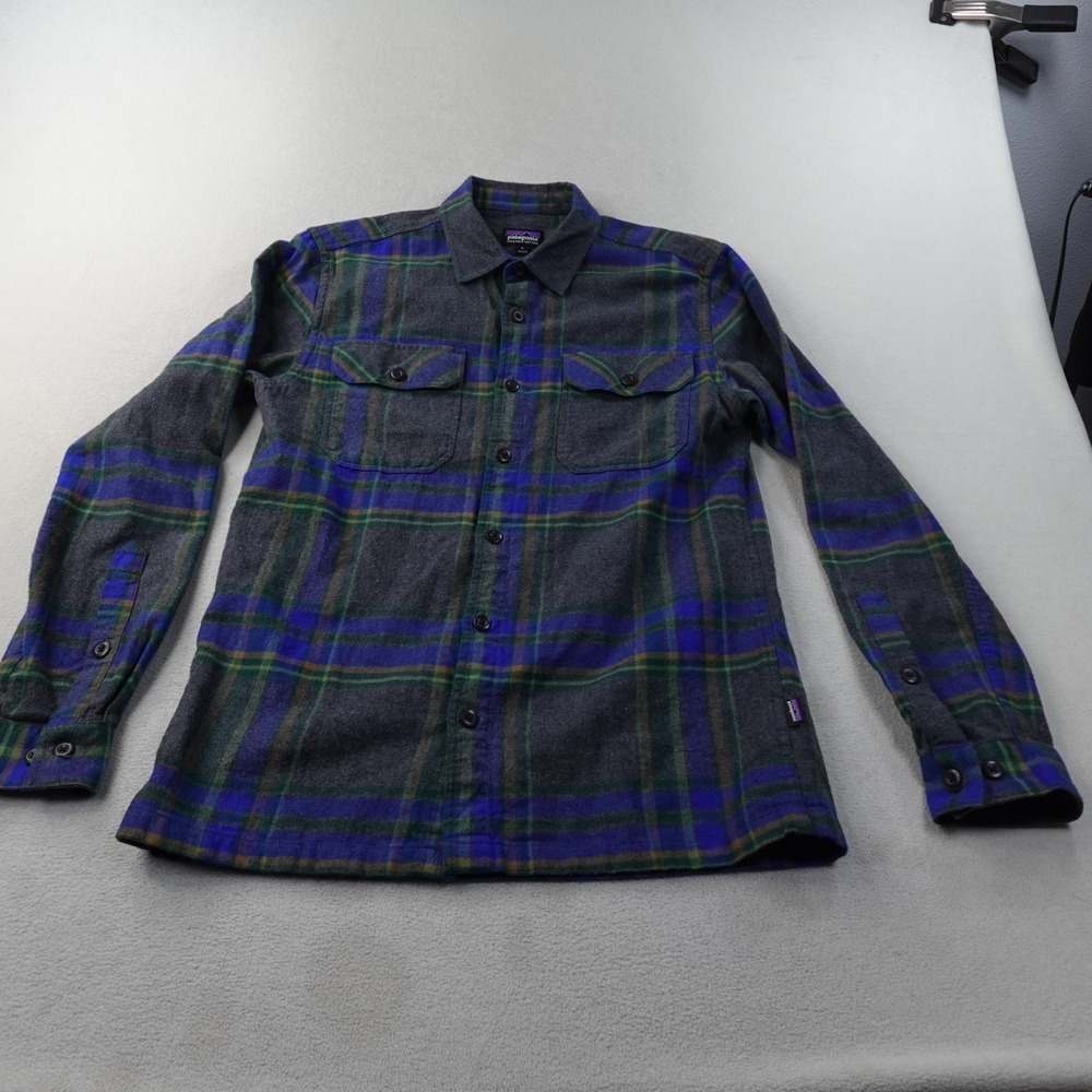 Patagonia Fjord Flannel Shirt Mens Small Gray Blue Plaid Organic Cotton 42400